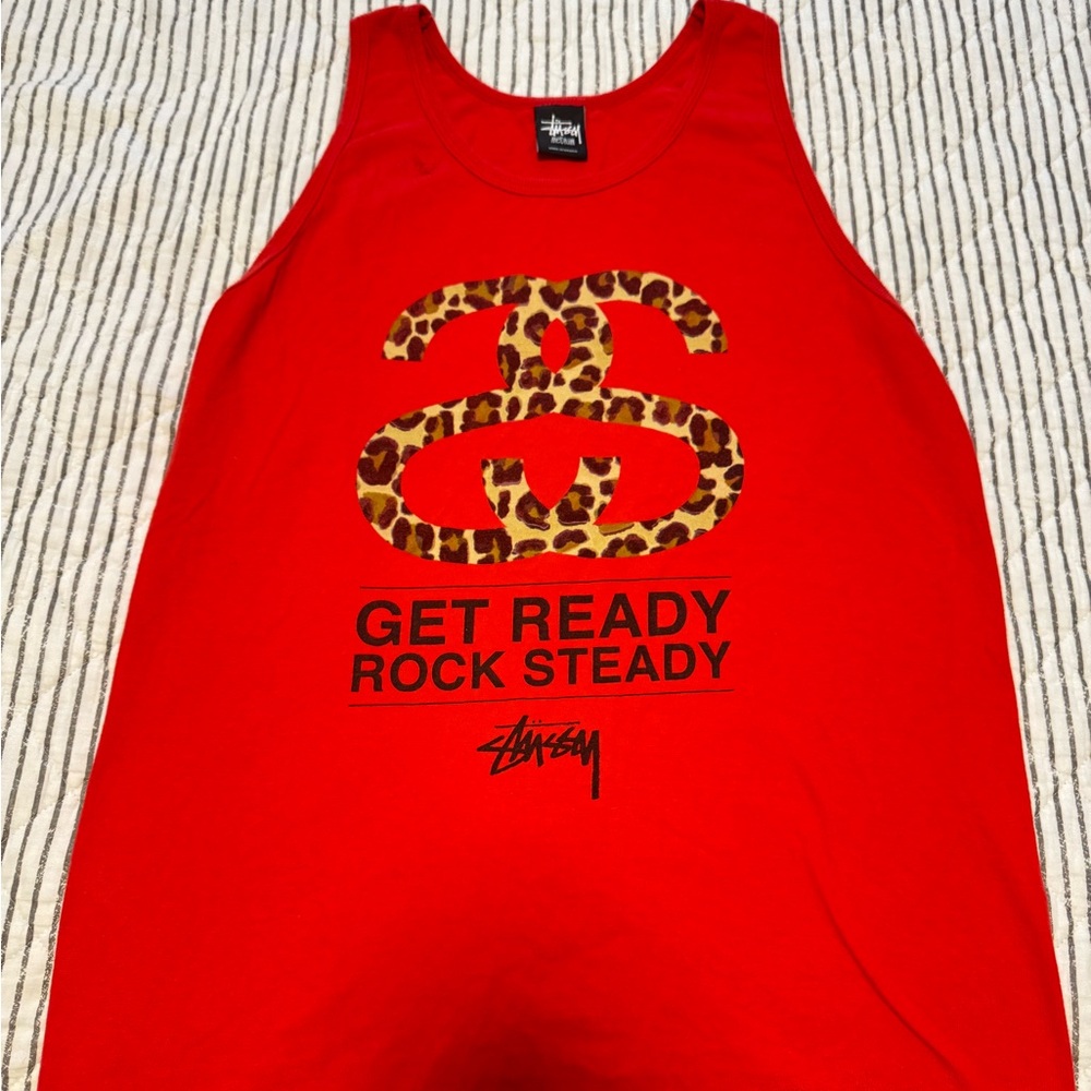 Stussy Red Tank Top with Leopard Print Logo Size Medium Mens No flaws
